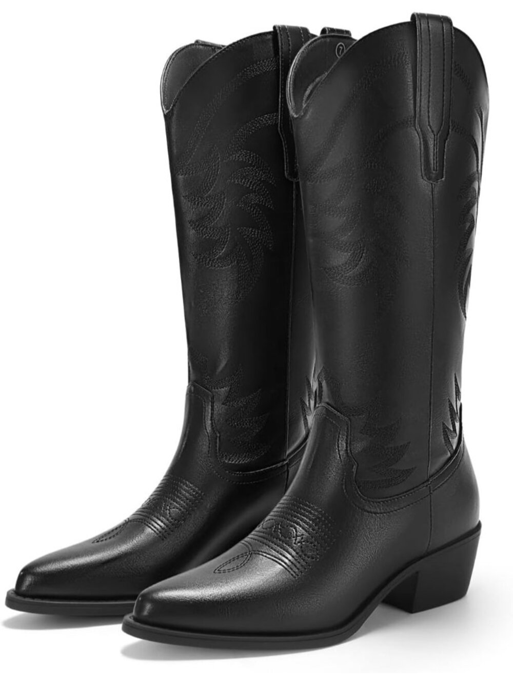 Women's Black Mid Calf Chunky Heel Embroidered Pointed Toe Western Cowgirl Boots
